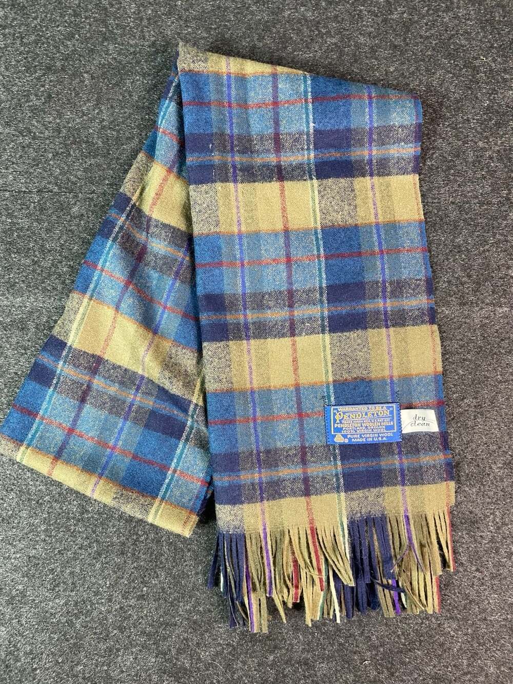 Pendleton Plaid Wool Scarf Blue Tartan Fringe Made In USA
